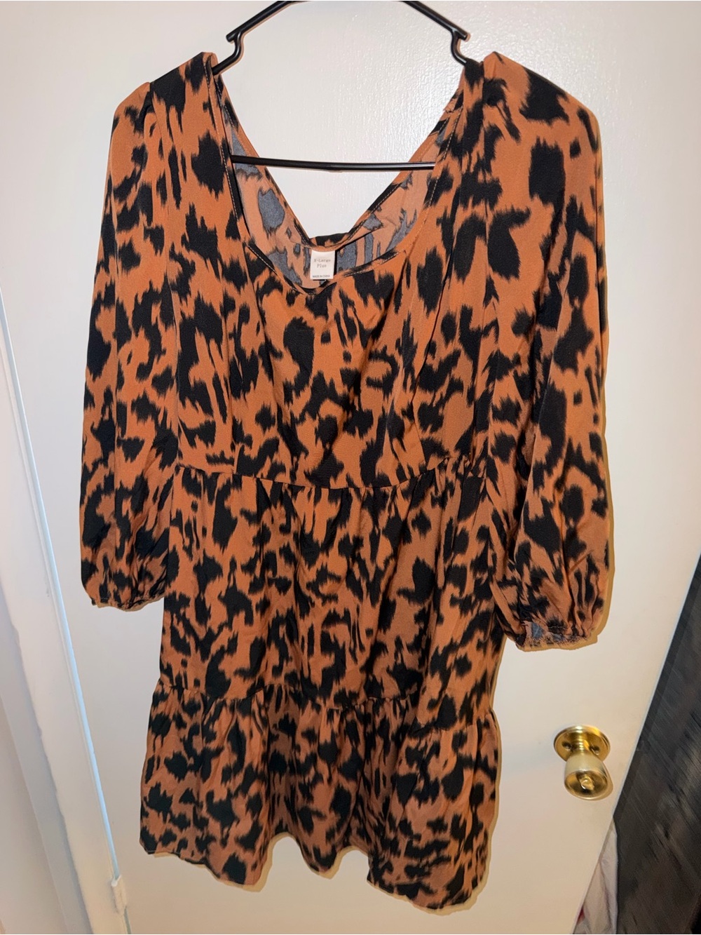 V-Neck Tiered Long-Sleeve Dress in Black & Tan Animal Print